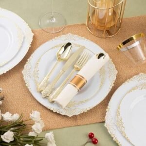 350PCS Gold Plastic Plates for 50 Guests