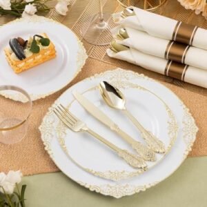 350PCS Gold Plastic Plates for 50 Guests